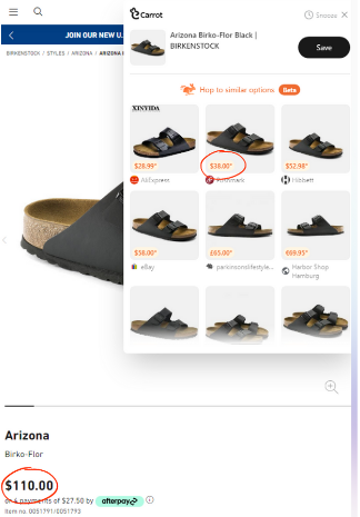 Using the Carrot Extension to 'deal hop' a Birkenstock Arizona footwear