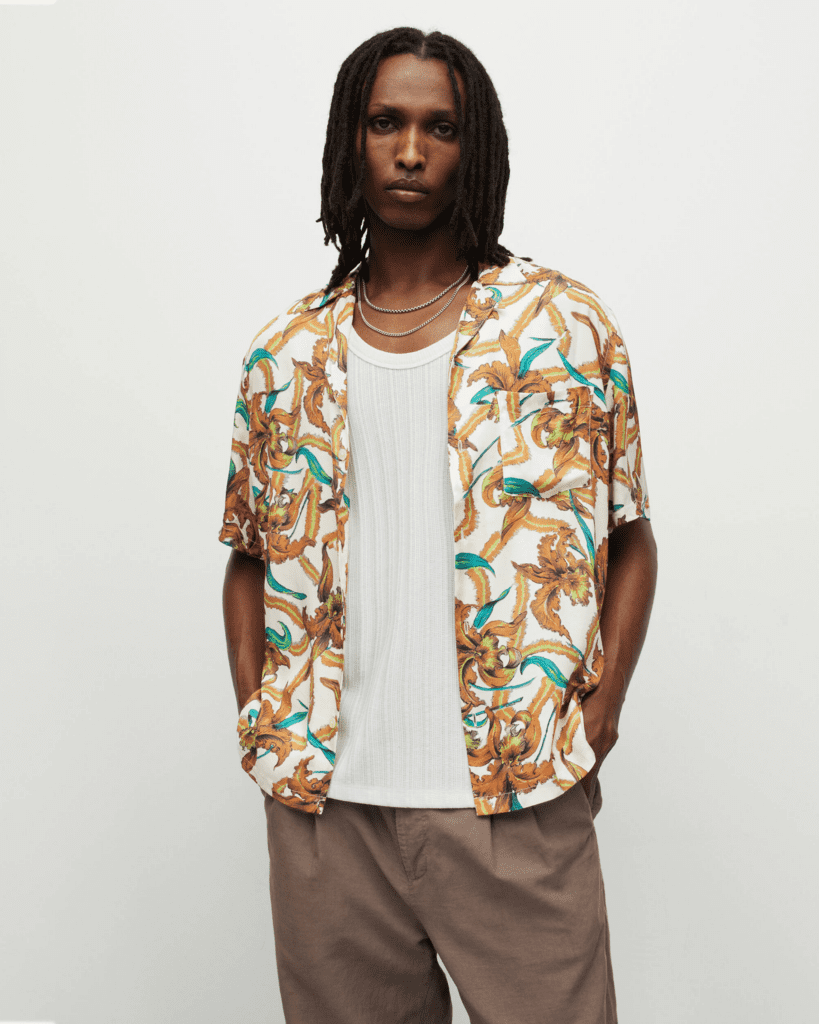 A colorful shirt from a men's vacation collection on carrot