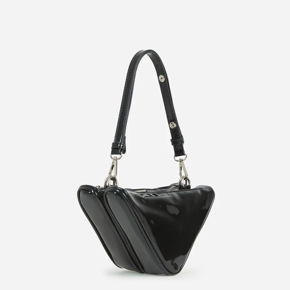 Lotus Triangle Shape Shoulder Bag in Black Patent