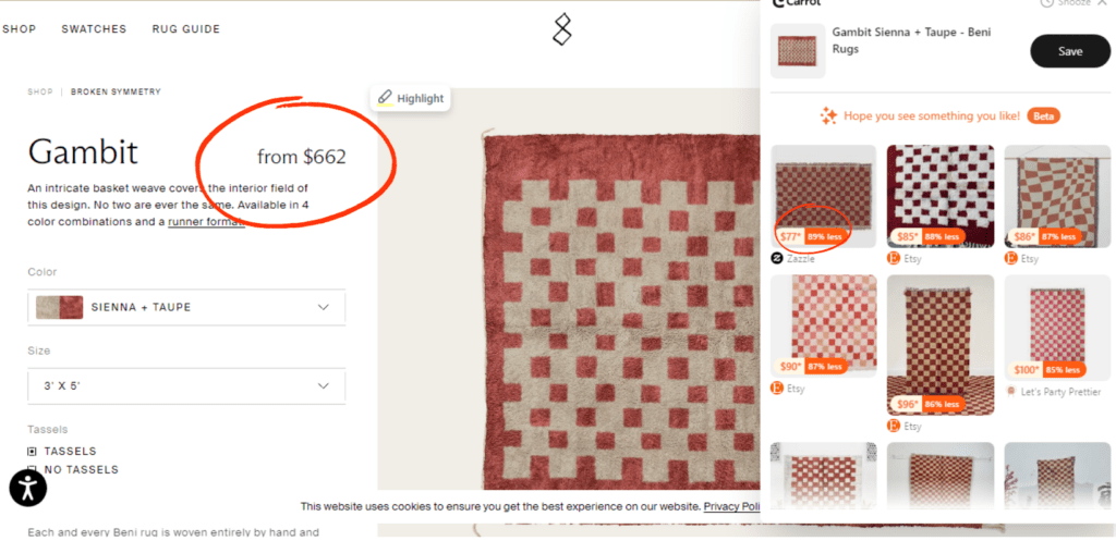 Using Carrot's Deal Hop Feature To Find Affordable Dupes For The Beni Gambit Rug