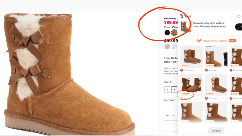 Using Carrot's Deal Hop Feature To Find UGG dupes