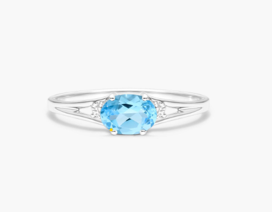 14K White Gold Oval Blue Topaz And Diamond Accent Birthstone Ring
