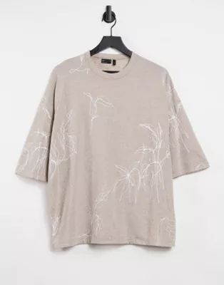 ASOS DESIGN oversized T-shirt in stone with all-over line print