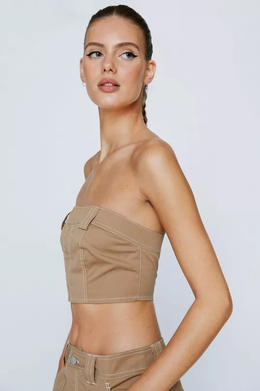 Exposed Stitch Twill Bandeau Corset Top