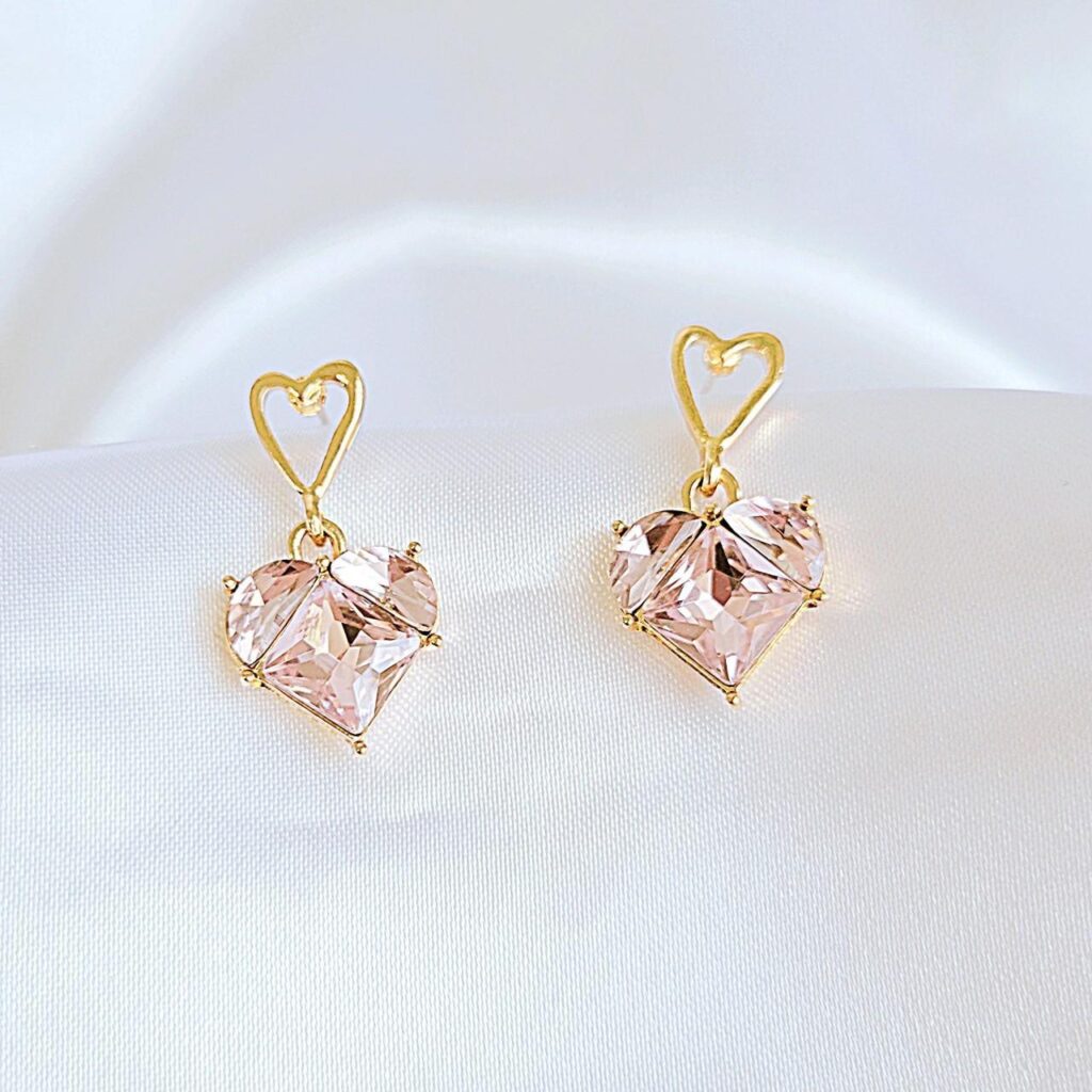 Pink & Gold Rhinestone Crystal Heart Earrings