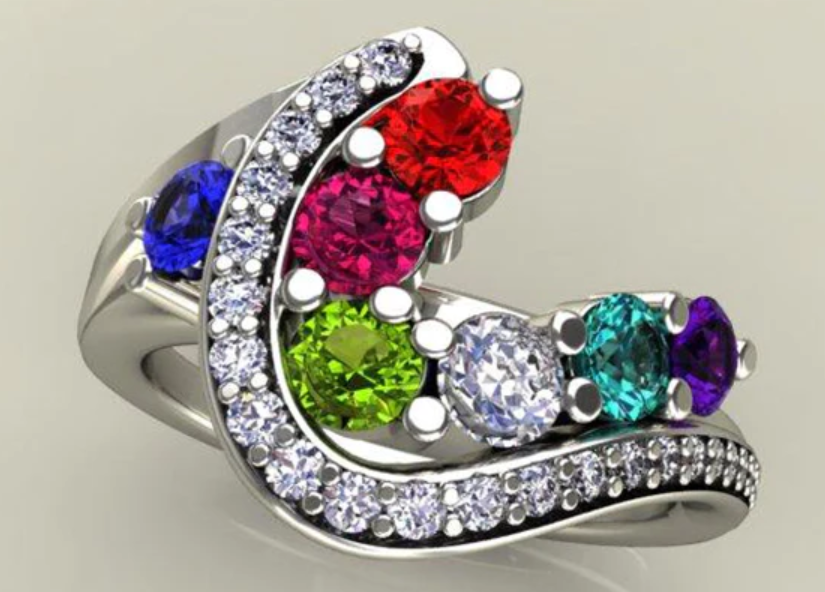 Seven Birthstone Custom Mothers Ring With Fine Cut Diamonds