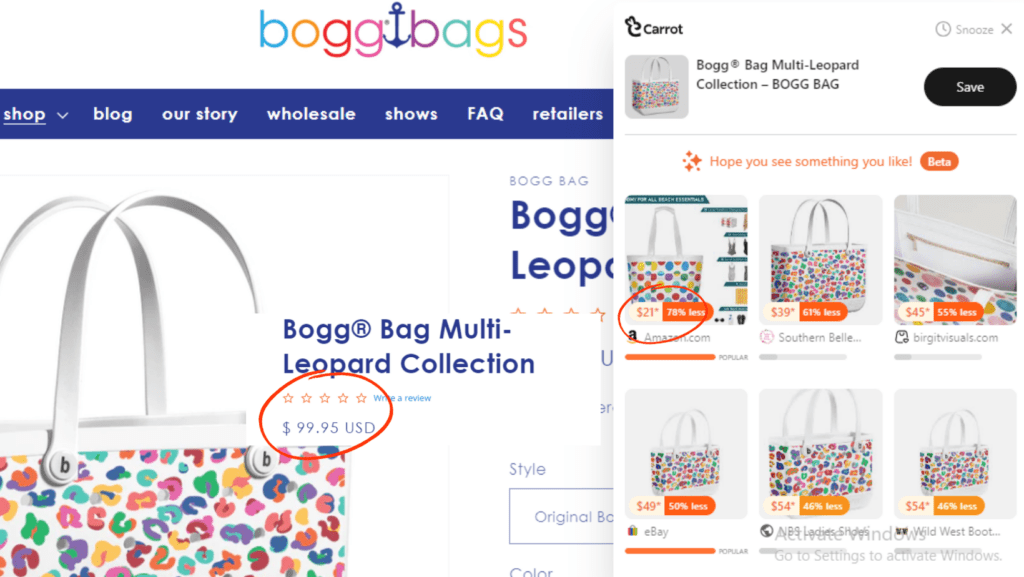 Using Carrot’s Deal Hop Feature To Find Bogg Bag Dupes