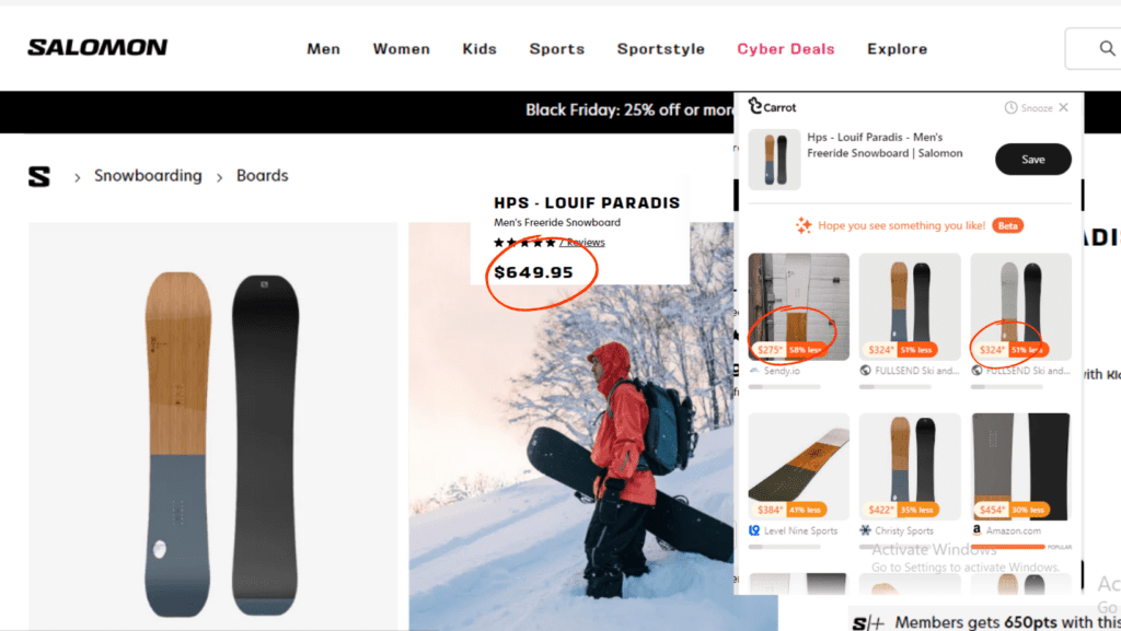 Using Carrot's Deal Hop feature to do a price comparison of the Salomon Snowboards